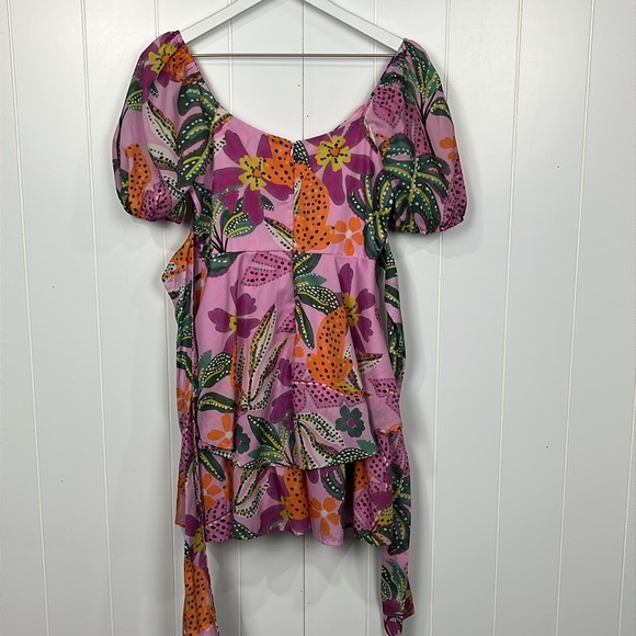 Crystal Sky Womens Mini Dress M Pink Orange Puffy Sleeves Zip Back Tie Sash EUC - Picture 12 of 16